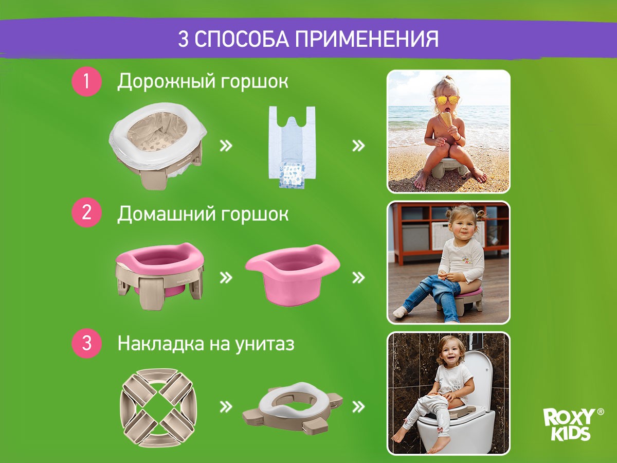 Горшок дорожный Roxy Kids HandyPotty 3 в 1 бежевый и вкладка розовая
