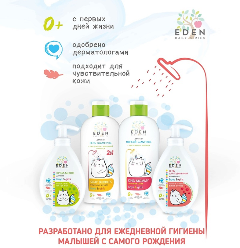 Шампунь - гель EDEN 2в1 Воздушные пузырьки с экстрактом зародышей пшеницы 250мл