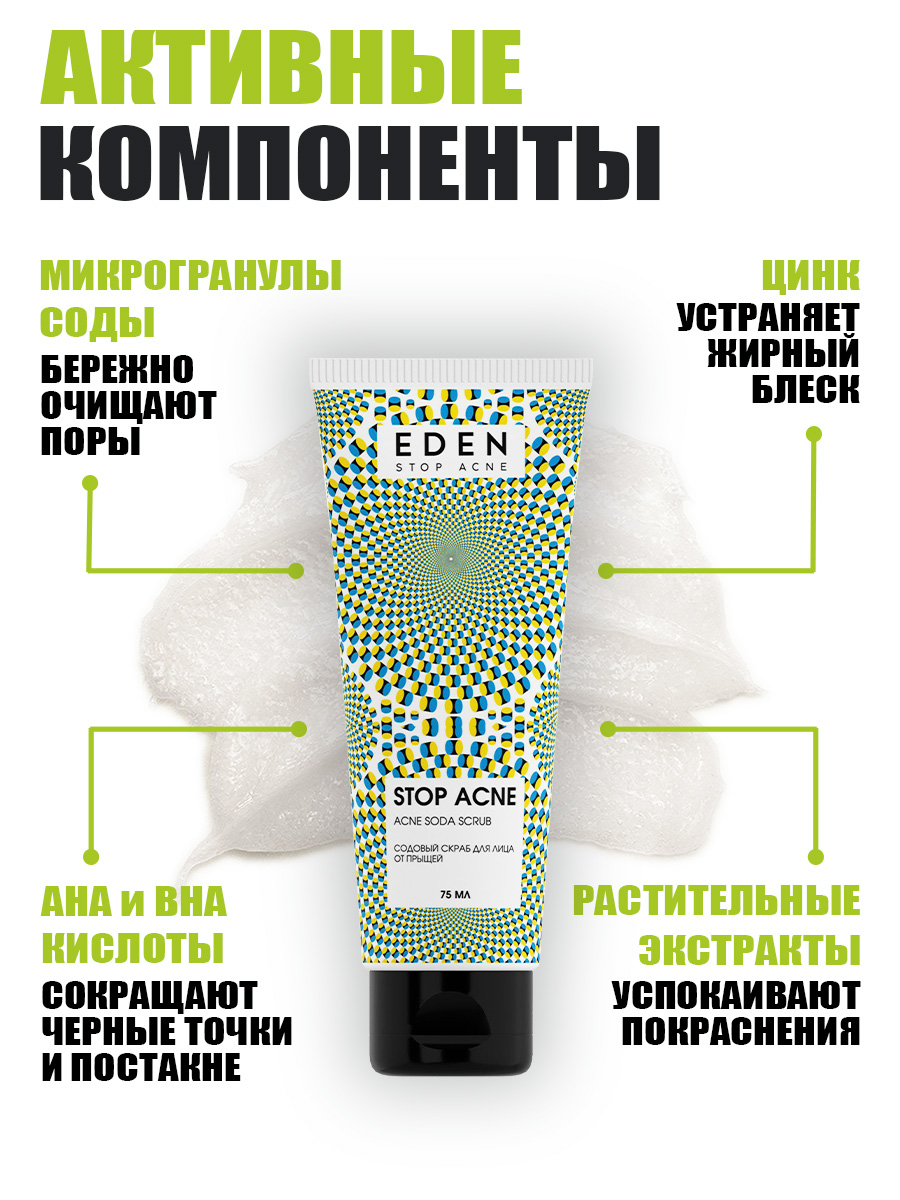 Скраб для лица Eden Stop Acne содовый от прыщей 75мл - в интернет-магазине tut-beauty.by