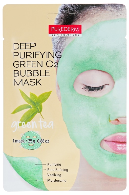 Маска для лица Purederm Deep Purifying Green O2 Bubble Mask пузырьковая с зеленым чаем 25г