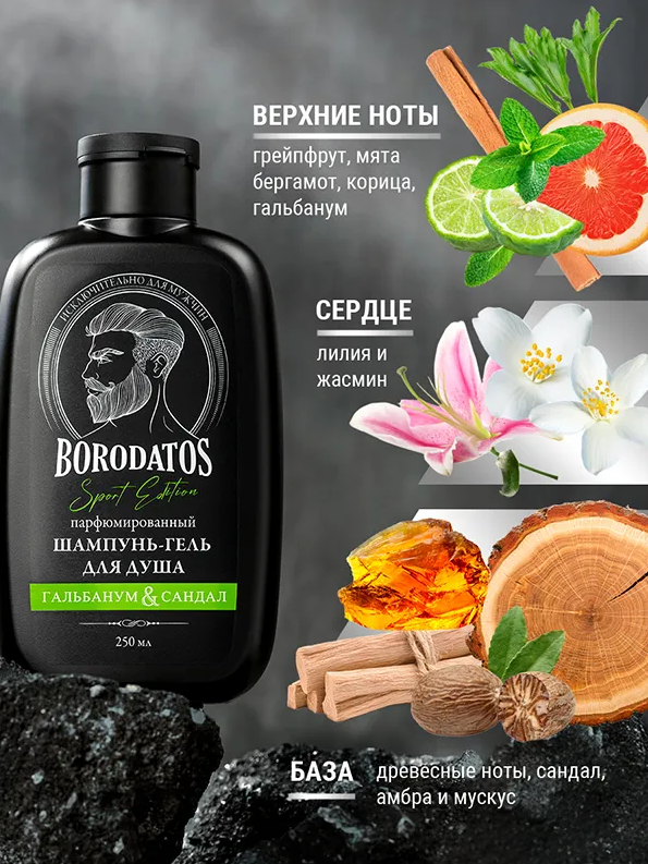 Шампунь-гель для душа Borodatos Sport Edition парфюмированный Гальбанум & Сандал 250мл - в интернет-магазине tut-beauty.by