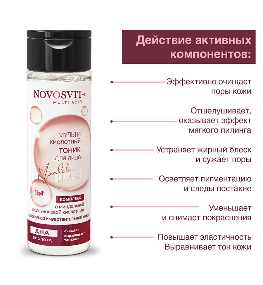 Тоник для лица Novosvit мультикислотный с миндальной и олеаноловой кислотами 200мл